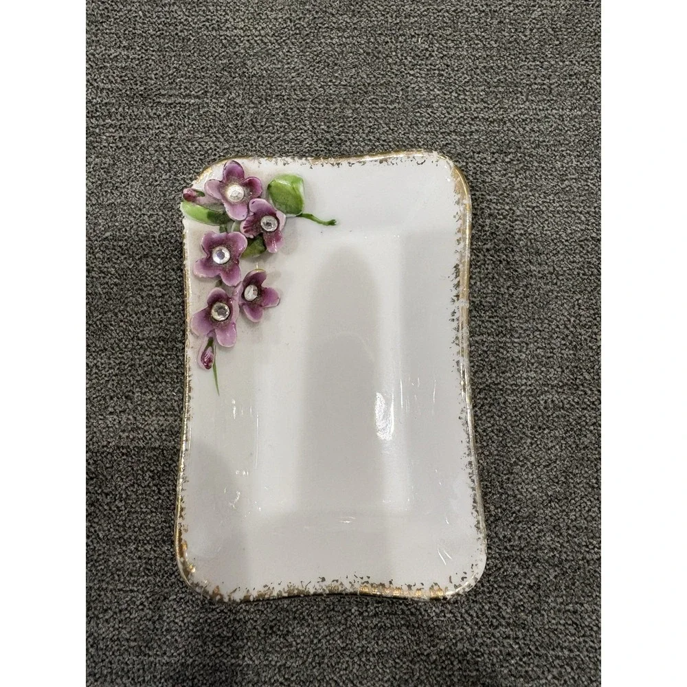 Vintage Lefton Violet China Bone Dish / Trinket Tray Gold Trim Hand Painted 196